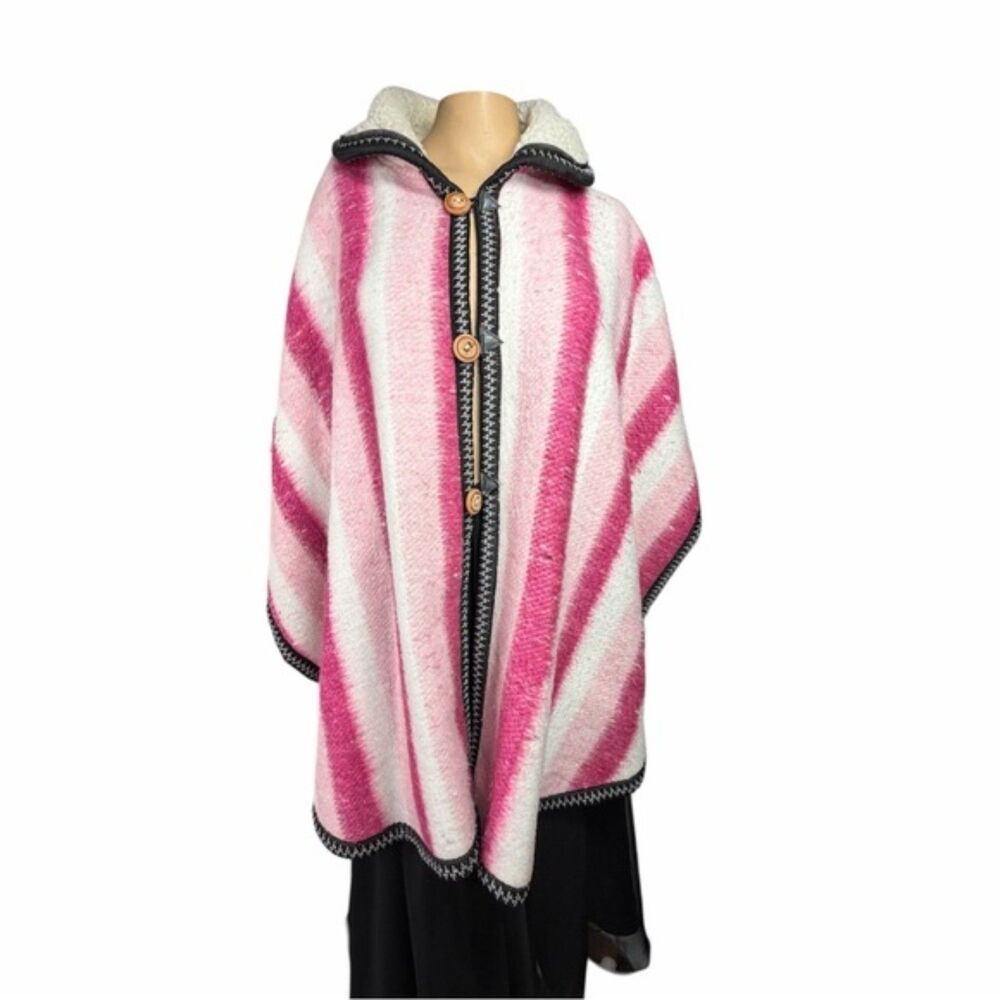 Pink & White Striped Hooded Poncho Cape